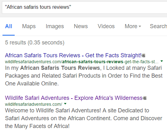 African safari tours review — screenshot of google search result.