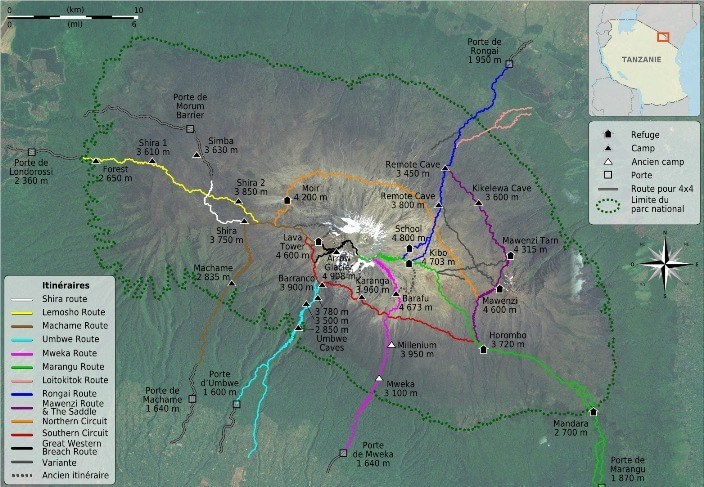 Facts about mount kilimanjaro — map of the climbing routes and huts around mount kilimanjaro.