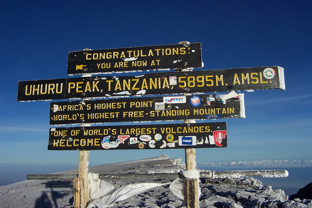 Facts about mount kilimanjaro — sign at uhuru peak, mt kilimanjaro, tanzania, africa.