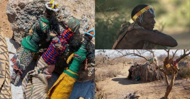 Hadzabe Tribe of Tanzania — Photo Montage — Three Dolls, a Village Hut and, the Lady Boss of the Hadzabe Tribe.