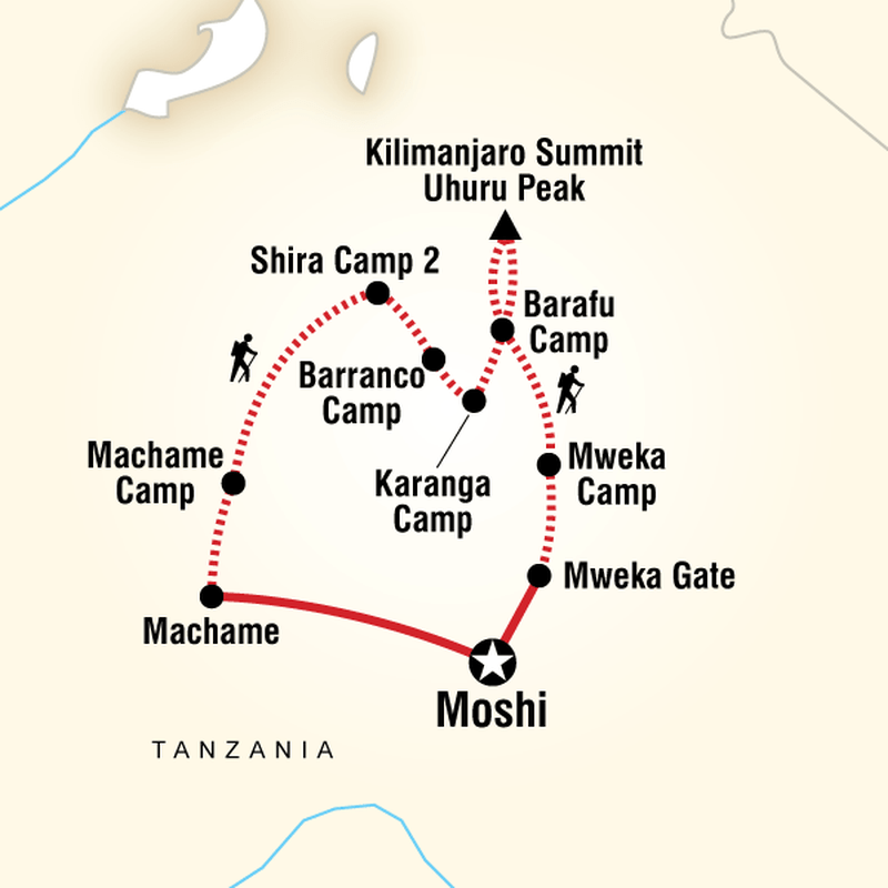 Itinerary Map of the Machame Route from G Adventures, Mount Kilimanjaro, Tanzania.
