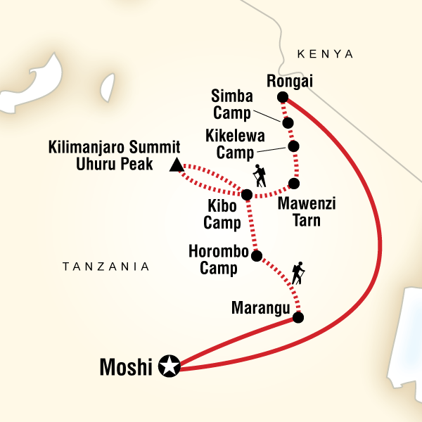 Itinerary map of the rongai route from g adventures, mount kilimanjaro, tanzania.