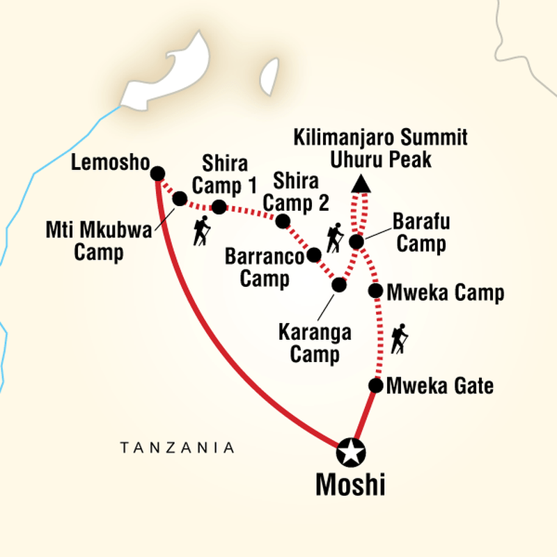 Itinerary Map of the Lemosho Route from G Adventures, Mount Kilimanjaro, Tanzania.