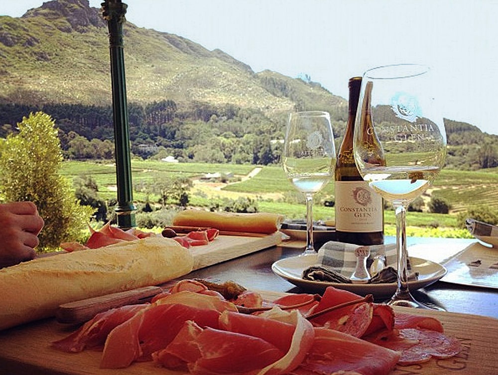 Foods and wine at a vineyard in constantia glen, south africa.